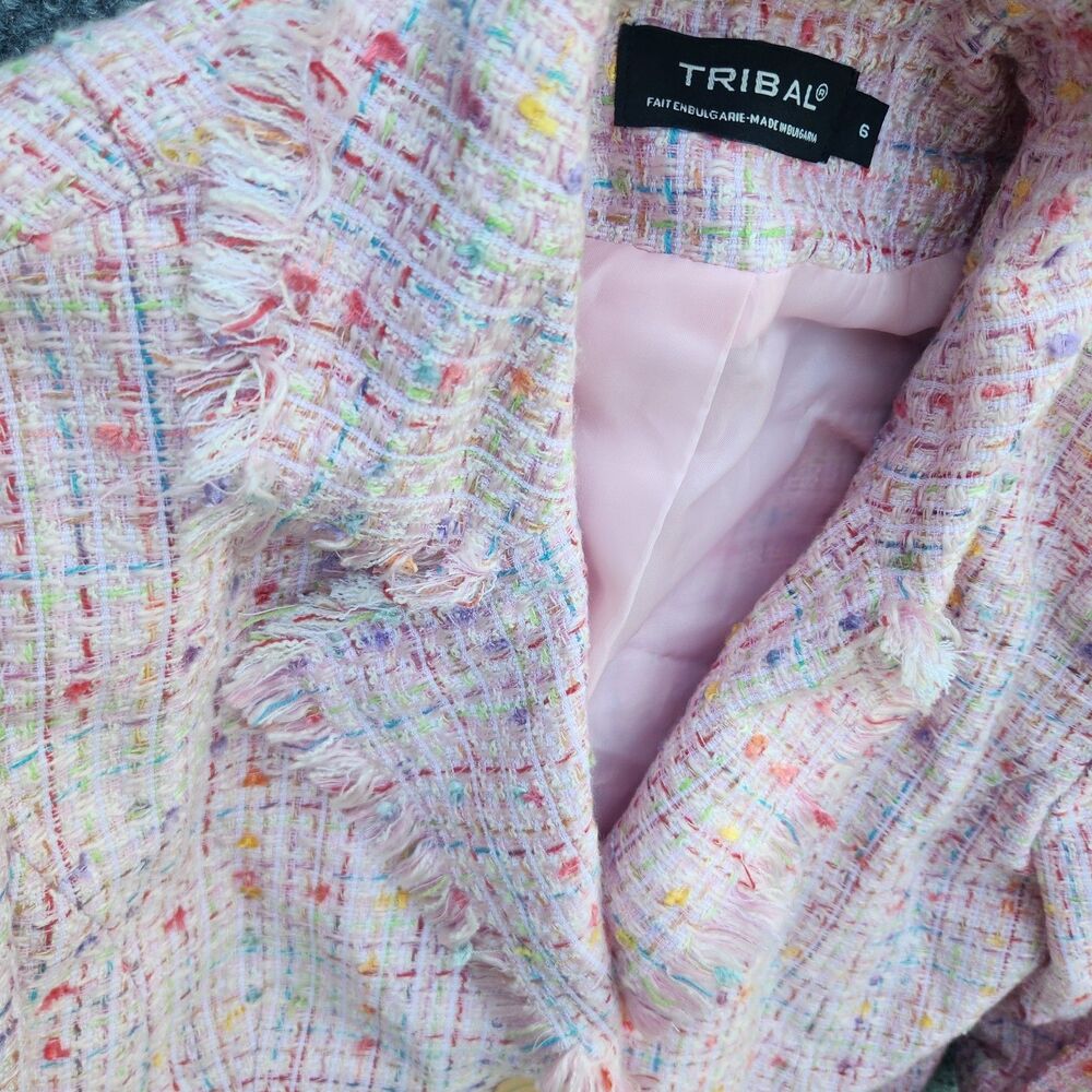 Tribal Angel Pink Tweed Fringe Barbiecore Blazer Jacket Multicolor Pink